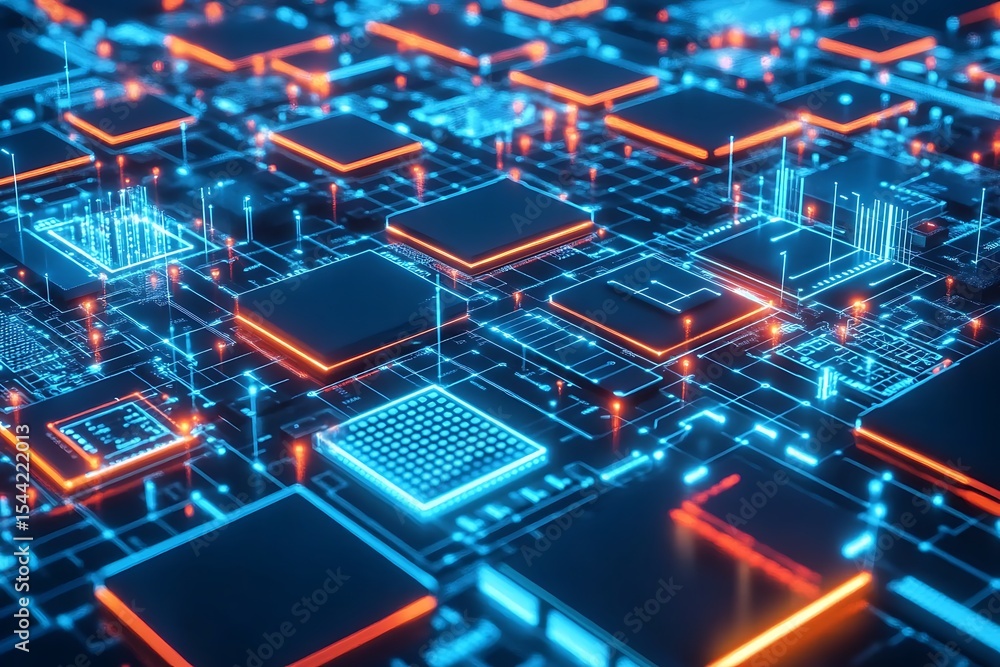 Poster futuristic technology circuit board with glowing components and intricate network design