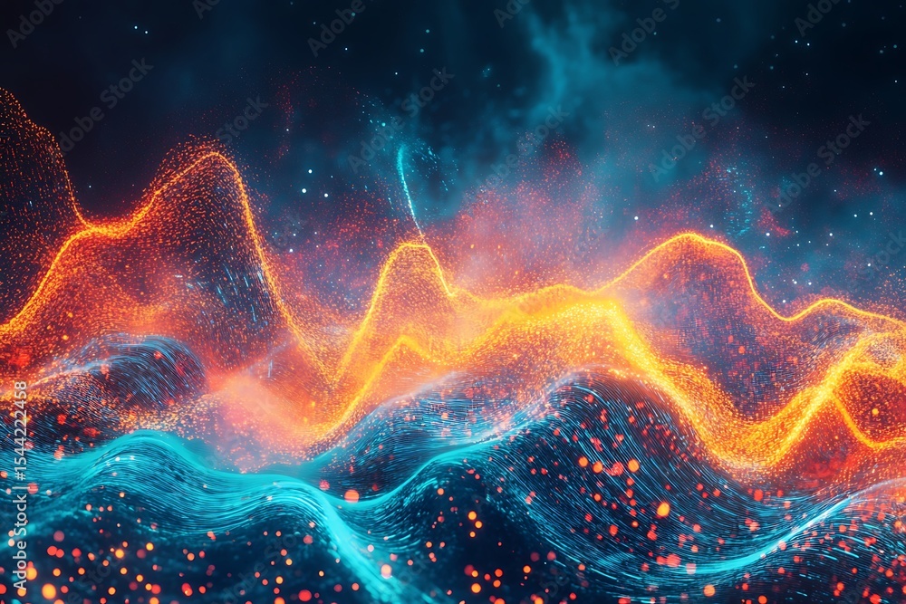 Poster abstract data visualization with glowing particles, futuristic technology and digital landscape