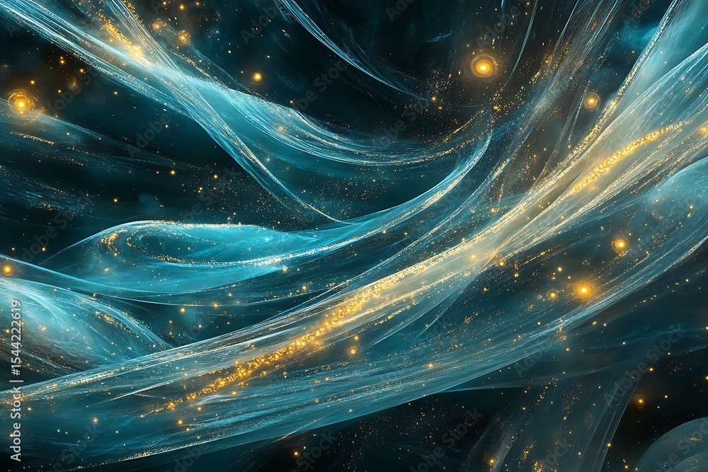 Poster abstract teal wave background with golden glitters, modern pattern and textures