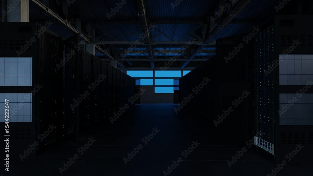 Poster symmetrical view of server aisle in modern data center with industrial ceiling and warm blue lightin