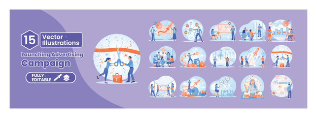 Launching advertising campaign concept. Mega set.