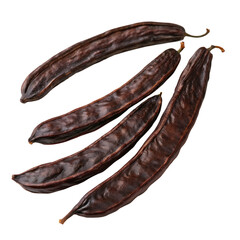 Four Dark Brown Carob Pods Isolated Against Black Background isolated on a transparent background image