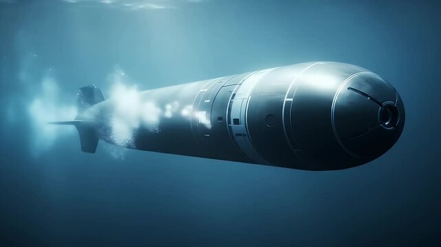 Modern submarine launching torpedo in underwater warfare scene
