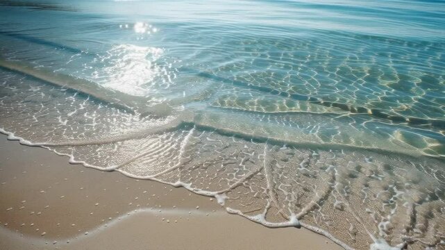 A tranquil close-up of a pristine shoreline where crystal-clear turquoise water gently laps against the golden sand.