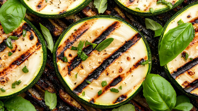 Close-up shot perfectly grilled zucchini slices, garnished fresh basil. A vibrant summer food image.