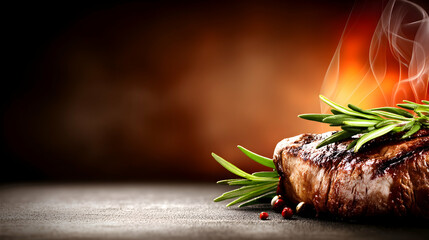 A perfectly grilled steak, garnished fresh rosemary, rests a dark surface against a warm, smoky background.