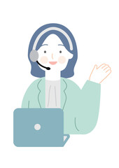 パソコンの前で笑顔で案内をする女性