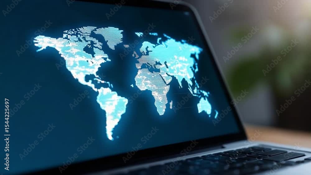 Poster Global Connectivity: A close-up view of a laptop screen displaying a luminous world map, highlighting the interconnectedness of digital communication and global networks.