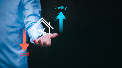 Cost and quality control concept. Businessman shows cost with down arrow and quality with up arrow...