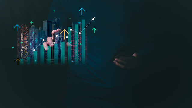 Businessmen show graphs of continuous growth of real estate and the concept of profitable strategy in the real estate market. Analysis of value and development of residential property, interest rate