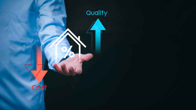Cost and quality control concept. Businessman shows cost with down arrow and quality with up arrow for business strategy and project management, improving product and service quality.