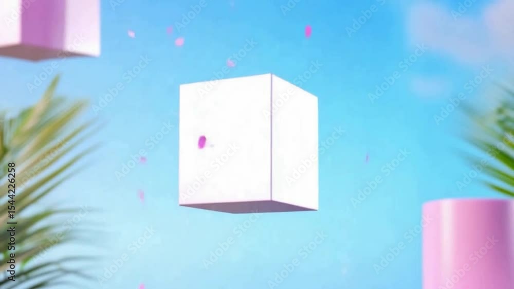 Poster Abstract Geometric Scene: A clean, minimalist composition of floating geometric forms against a bright, inviting backdrop evokes a sense of calm and creativity.