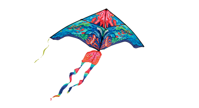 Buy colorful ocean themed delta kite for outdoor fun and recreation activities for summer days on the beach on transparent background