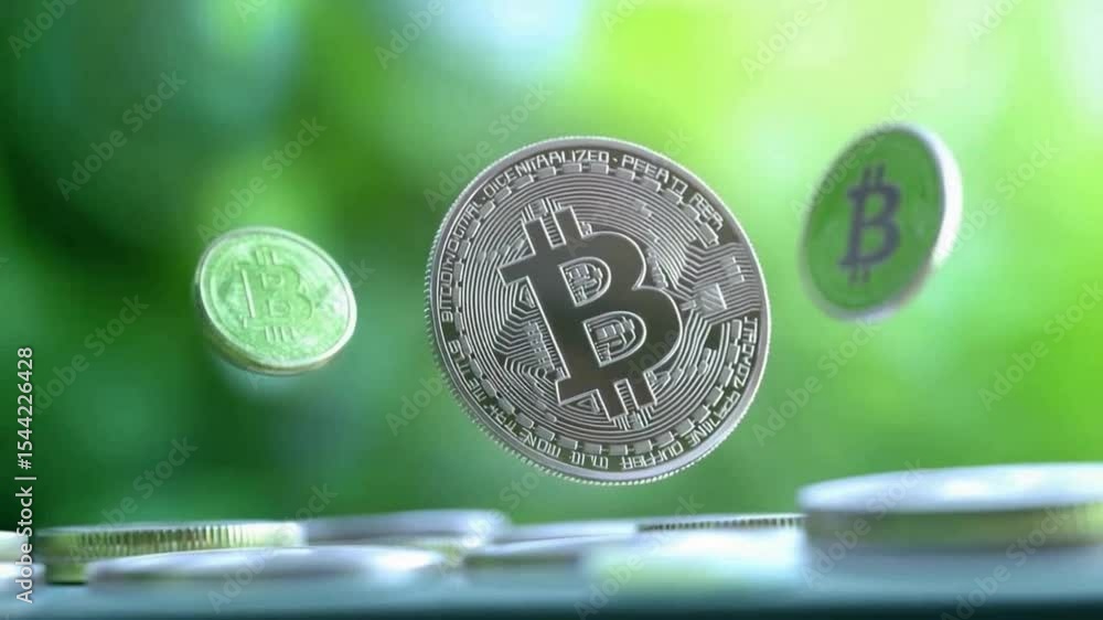 Poster Bitcoin Coin in Nature's Embrace: A symbolic representation of digital currency, the image shows a bitcoin coin floating, with others surrounding it, set against a verdant backdrop.