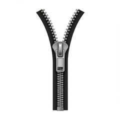 Black Zipper with Silver Slider on White Background