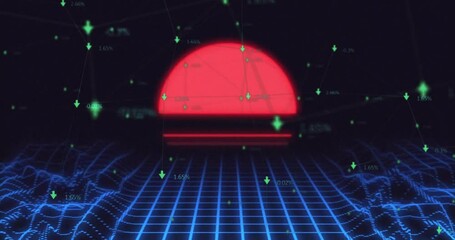 After dark void cue red semicircle rising over grid with green dots pulsing charting fluctuations - Powered by Adobe
