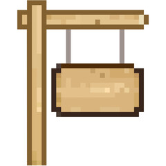 Pixel wooden sign vector, crafted with a blocky, retro style. Ideal for game maps, digital directions, vintage trails, or rustic pixel art designs.
