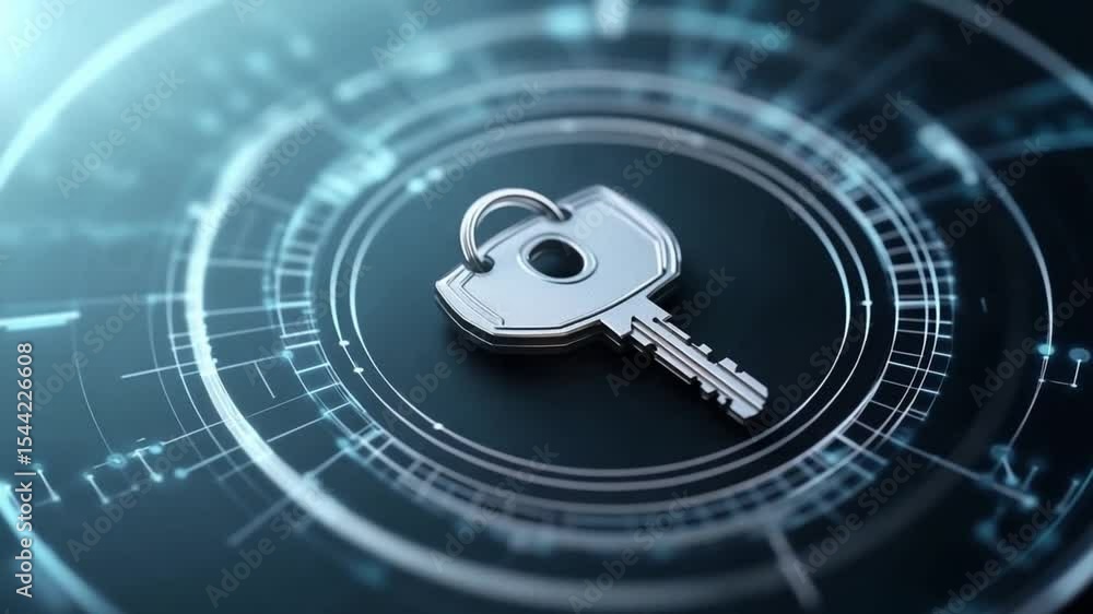 Poster digital key security: a highly detailed key, symbolizing security, hovers above a vibrant, technolog