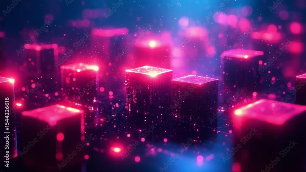 Poster Illuminated Cubes: An ethereal and futuristic view of illuminated cubes, glowing with vibrant neon hues, arranged in an intricate, digitally rendered display.