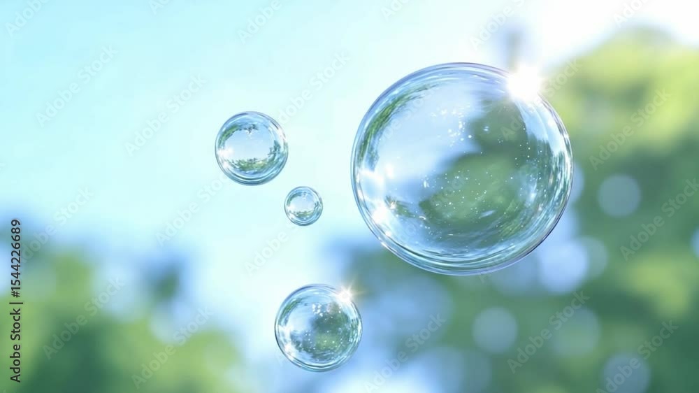 Aufkleber floating bubbles in sunlight: crystal-clear soap bubbles float gently against a softly blurred backg