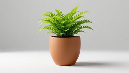 Obraz premium single eco friendly plant pot made from terracotta clay pot, containing a ferns, isolated on white background, minimalist product shot, soft studio lighting, realistic 3d render, 8k resolution