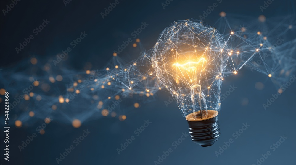 Poster bright lightbulb at center of concept web, illustrating innovation and idea building