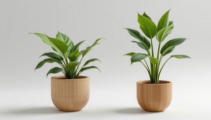 Obraz premium single eco friendly plant pot made from bamboo fiber pot, containing a parlor palm, isolated on white background, minimalist product shot, soft studio lighting, realistic 3d render, 8k resolution