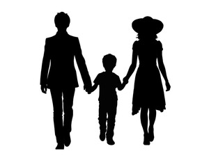 Family silhouette, a father, mother and son walking hand in hand, isolated icon on white background