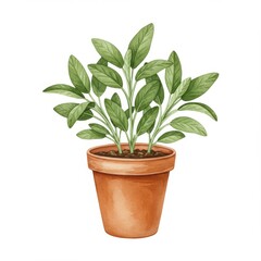 Obraz premium Potted Sage Plant Watercolor Illustration