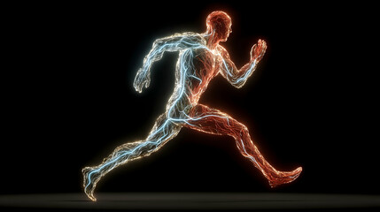 Glowing, anatomical figure a runner motion, digitally rendered against a black background.