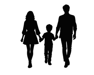 Family silhouette, a father, mother and son walking hand in hand, isolated icon on white background