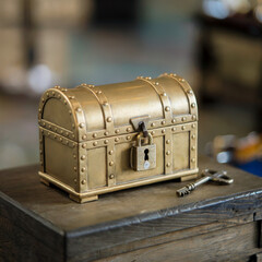 Ornate golden treasure chest secured with padlock and antique skeleton key on wooden surface