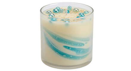 Decorative scented candle with blue accents and beads for home decor and aromatherapy relaxation use on transparent background