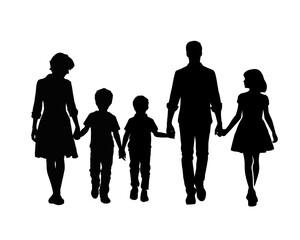 Family silhouette, a father, mother and their son and daughter walking hand in hand, isolated icon on white background