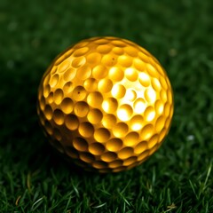 Yellow golf ball resting on grass for a closeup view of golfing equipment