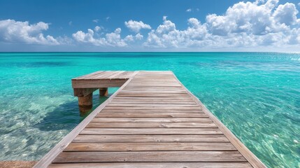 Fototapeta premium Serene Wooden Dock Extending into Turquoise Ocean Water under a Sunny Sky