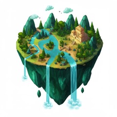 Naklejka premium Isometric Fantasy Island with Waterfall and River