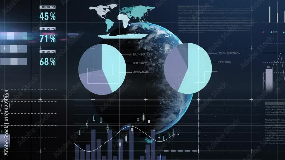 Poster hud opening grid overlay initiating data table, rotating globe spawning pie charts, gauges, graphs