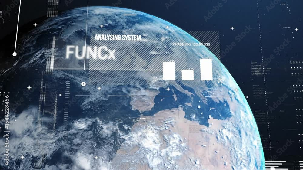 Poster earth rotating starting scan with panels sliding, code displaying, bars filling for system analysis