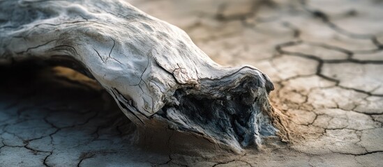 Weathered driftwood on cracked earth