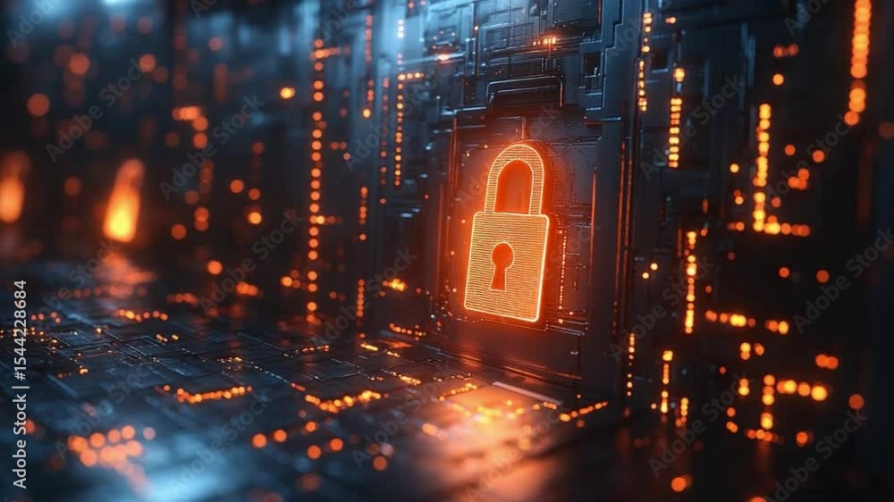 Poster Digital Fortress: A mesmerizing shot unveils a glowing lock symbol within a futuristic circuit board, embodying the essence of robust cyber security and digital protection.