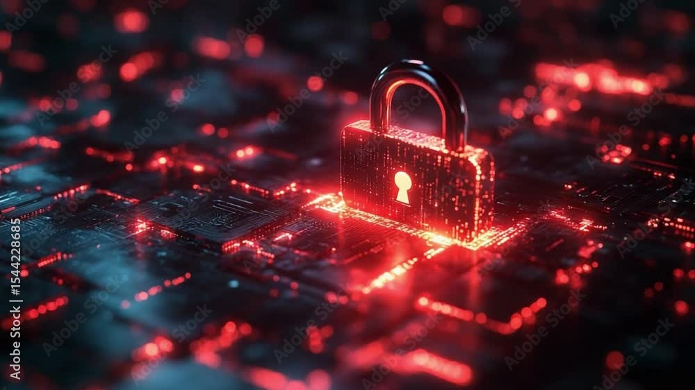 Poster cybersecurity lock: a glowing padlock sits on a dark, digital background, symbolizing online securit