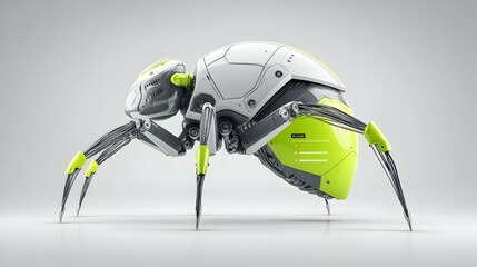 Close-up a sleek, lime-green white robotic spider, showcasing intricate mechanical details.
