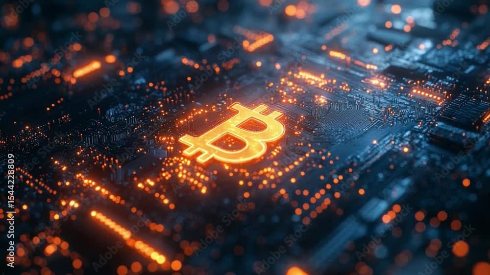 Aufkleber Bitcoin Illuminated: A captivating image of a circuit board aglow with an iconic Bitcoin symbol, symbolizing the digital gold. Highlighting the intricate tech landscape.