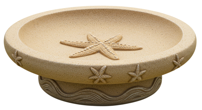 Decorative starfish bird bath outdoor garden decor sandstone finish for backyard patio landscaping on transparent background