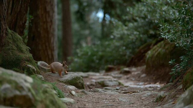 A peaceful forest trail with a squirrel and nut
