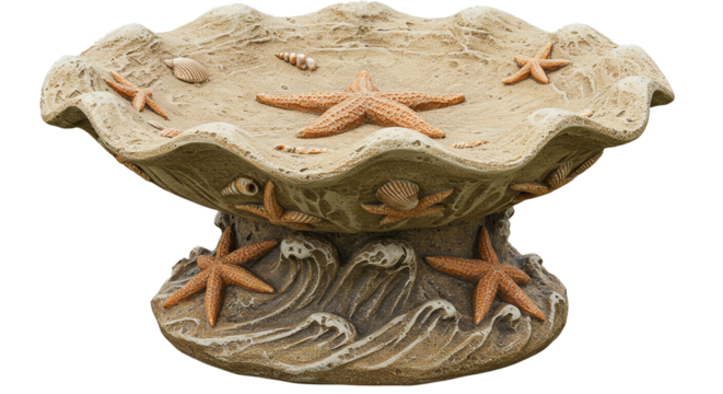Seashell starfish bird bath decorative garden ornament outdoor coastal themed patio decor accent piece on transparent background