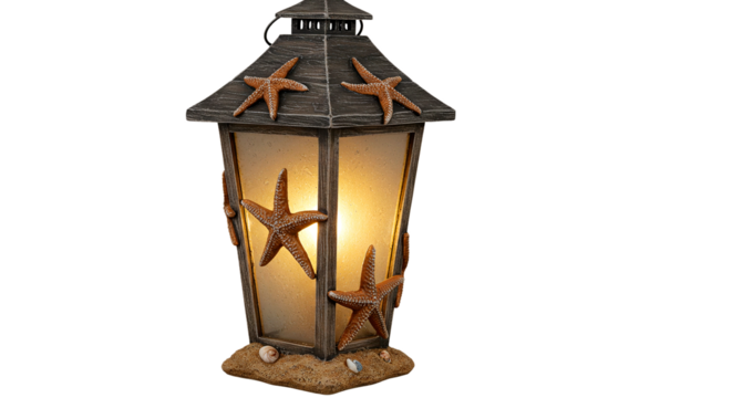 Decorative starfish lantern coastal themed lighting beach house decor nautical table lamp summer home accent light on transparent background