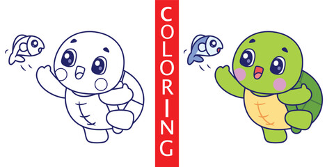 Cute Turtle Catching Fish Coloring Sheet Cartoon Vector Icon Illustration. Animal Nature Icon Concept Isolated Premium Vector. Flat Cartoon Style