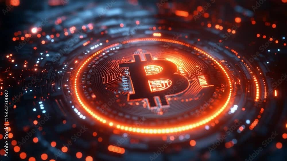 Aufkleber Bitcoin's Digital Core: An abstract, futuristic view of a Bitcoin, illuminated by intricate digital circuitry and a halo of bright lights.